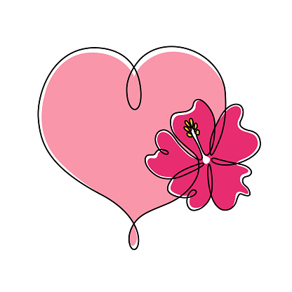 Valentine's Day heart single continuous line drawing with tropical hibiscus flower and bright pink colors. Editable stroke for easy editing.