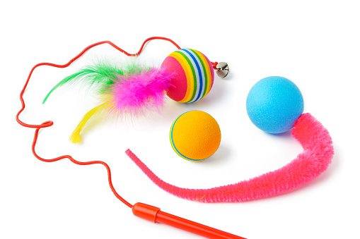 Cat toys isolated on white background studio shot close up