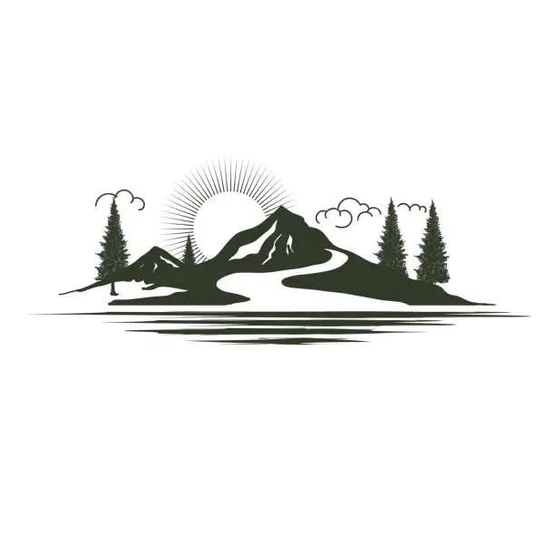 Vector illustration of Sunset Sunrise Mountain Hill Pine Forest with River Creek Lake Landscape View Illustration Design Vector