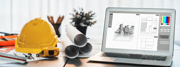 istock Digital blueprint by architecture design software on laptop screen. Insight 1997000309