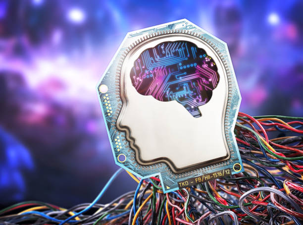 istock Digital brain. Electronic print board with computer chip in form of human head. 3d illustration 1997012922