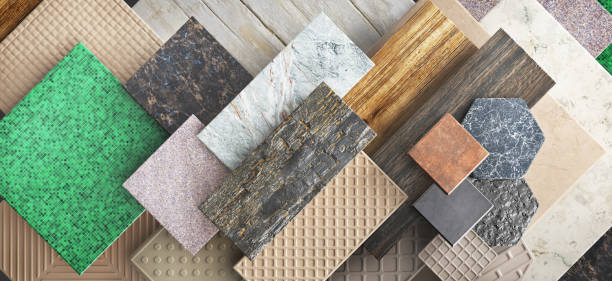 different ceramic tiles. 3d illustration - taş i̇nşaat malzemesi stok fotoğraflar ve resimler
