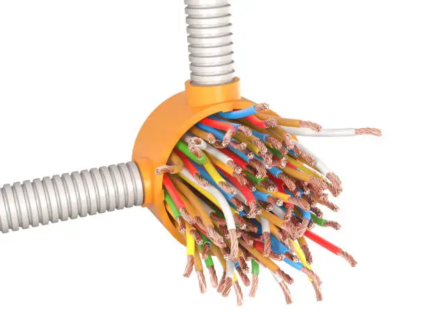 Photo of Socket box with protruding wires on a white isolated background