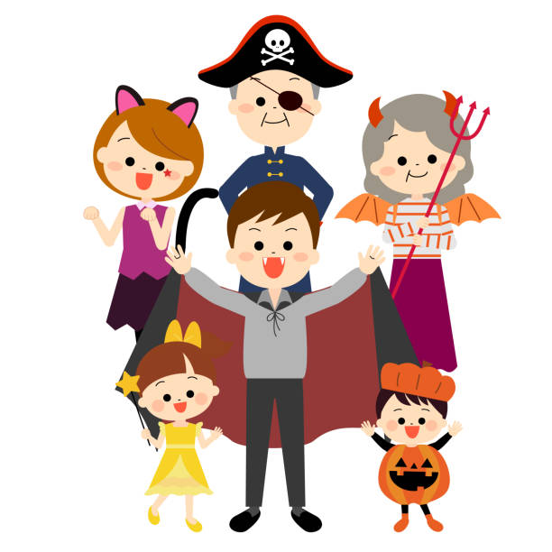 illustrazioni stock, clip art, cartoni animati e icone di tendenza di famiglia che indossa costumi di halloween - baby pirate costume toddler