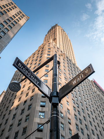 New York, Wall Street and Broadway Sign, low angle view, early morning shot.