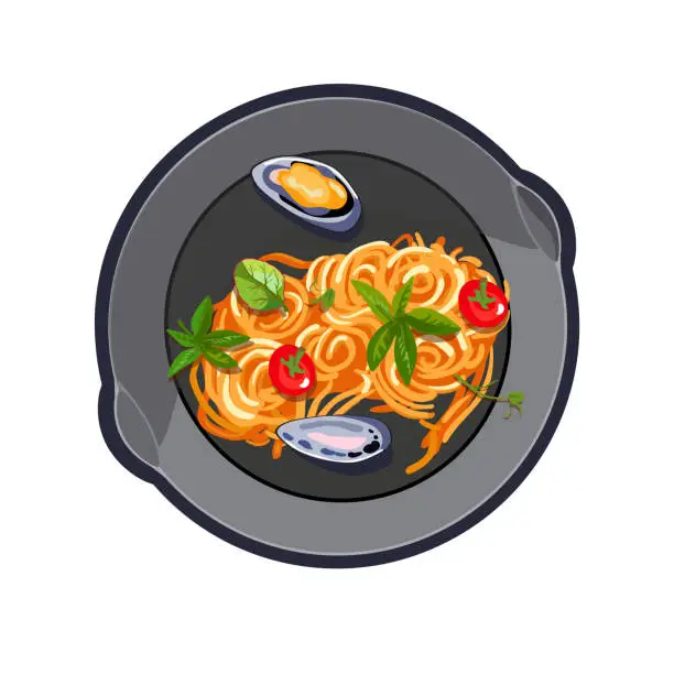 Vector illustration of Italian food in a frying pan. Spaghetti with seafood. Appetizing healthy food. Healthy eating.