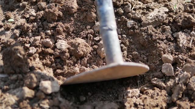 Steel Hoe Dig on Plain Soil, Close Up
