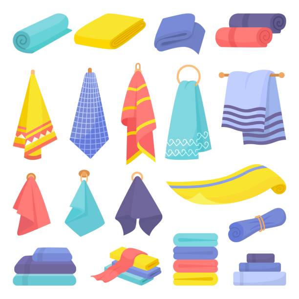 Cartoon towels set. Towel icons, isolated kitchen and bathroom fabric accessories. Napkin and tissue in piles and roll, neoteric vector clipart Cartoon towels set. Towel icons, isolated kitchen and bathroom fabric accessories. Napkin and tissue in piles and roll, neoteric vector clipart. Illustration of towel and bathroom, fluffy household washcloth stock illustrations