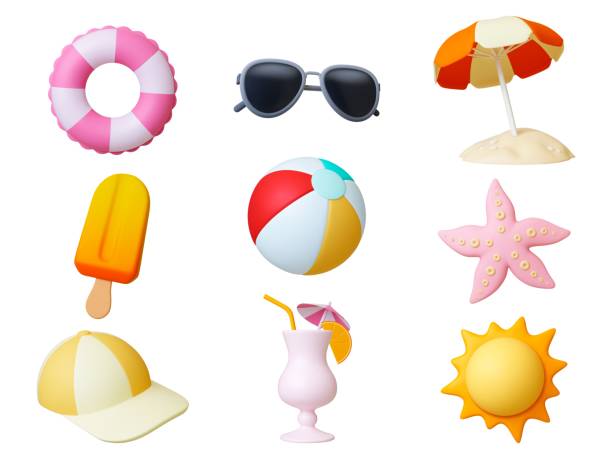 Travel beach 3d render icons. Summer realistic elements, isolated ice cream, cocktail and sun umbrella. Holidays on sea, star fish and ball, pithy vector set Travel beach 3d render icons. Summer realistic elements, isolated ice cream, cocktail and sun umbrella. Holidays on sea, star fish and ball, pithy vector set of elements for beach travel illustration weather icons graphics stock illustrations