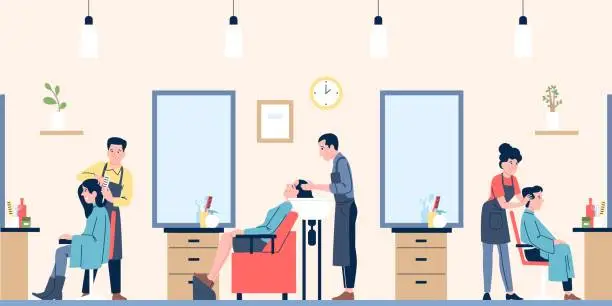 Vector illustration of Hairdressing salon. Barbers and hairdressers working with people. Men women caring hair, doing haircuts, washing head. Flat recent vector scene