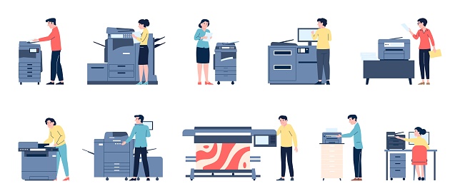 Printing house worker. People working with polygraphy tools. Prints, choose colors, doing fax. Typography equipment, recent vector flat scenes of equipment polygraphy illustration