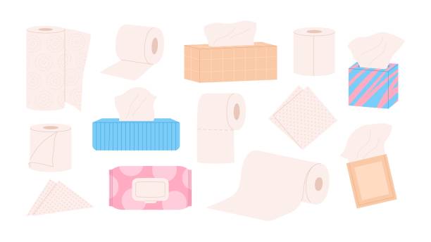 Hygiene paper set. Dry and wet wipes for hand and body care. Papers for kitchen and toilet, female self caring. Various racy vector accessories Hygiene paper set. Dry and wet wipes for hand and body care. Papers for kitchen and toilet, female self caring. Various racy vector accessories. Illustration of hygiene towel paper tissue box pattern stock illustrations
