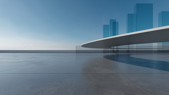 3d render of abstract futuristic architecture with empty concrete floor. Scene for car presentation.