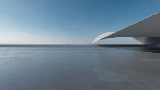 istock 3d render of abstract wavy futuristic architecture with concrete floor. 1997076488