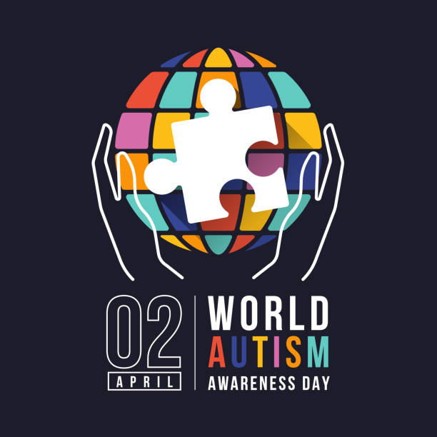 ilustrações, clipart, desenhos animados e ícones de wolrd autism awareness day - mãos de linha branca seguram sinal de quebra-cabeça em sinal colorido do mundo globo no design de vetor de fundo preto - design month part of puzzle