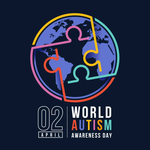 ilustrações, clipart, desenhos animados e ícones de wolrd autism awareness day - colorido linha quebra-cabeça sinal no círculo globo sinal mundial no design de vetor de fundo preto - design month part of puzzle