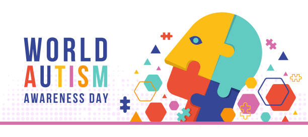 ilustrações, clipart, desenhos animados e ícones de wolrd autism awareness day - cabeça humana quebra-cabeça sinal de quebra-cabeça e colorido várias formas ao redor no chão com textura de ponto design de vetor de fundo - design month part of puzzle