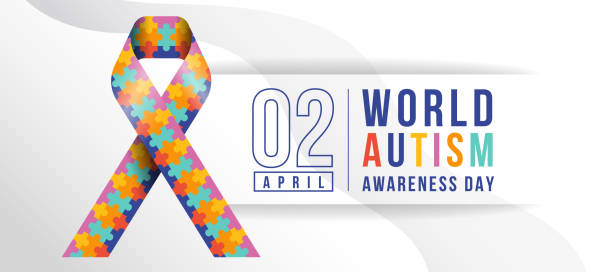 ilustrações, clipart, desenhos animados e ícones de wolrd autism awareness day - texto e fita de quebra-cabeça colorido do sinal de conscientização do autismo na textura curva design do vetor de fundo - design month part of puzzle