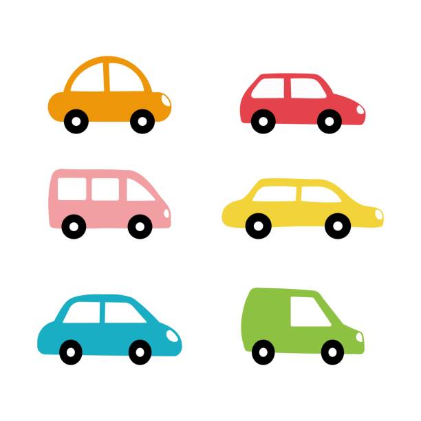 illustrations, cliparts, dessins animés et icônes de cute collection colorful cars isolated on a white background. icons in hand drawn style for design of children's rooms, clothing, textiles. vector illustration - voiture
