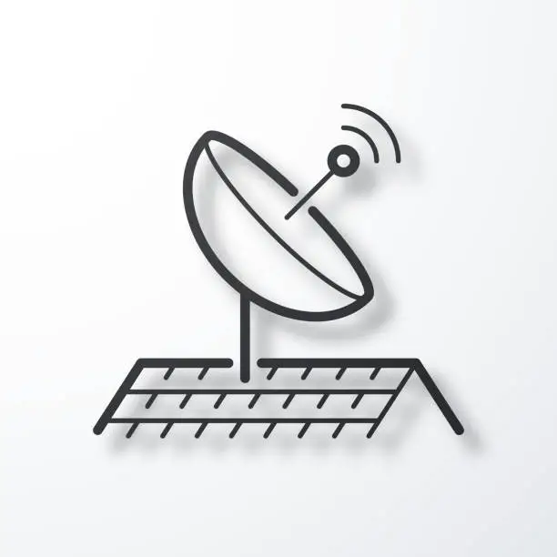 Vector illustration of Satellite dish on roof. Line icon with shadow on white background