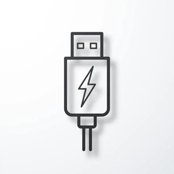 Vector illustration of USB charging plug. Line icon with shadow on white background