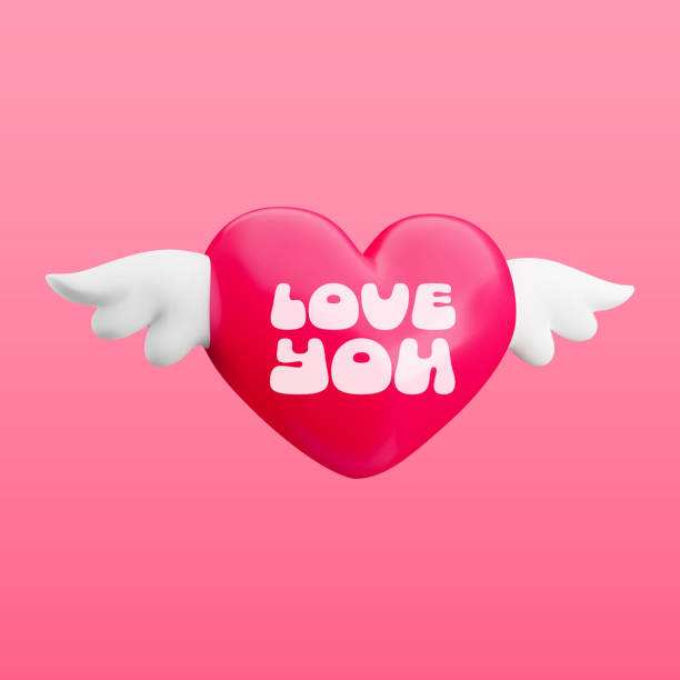 istock Trendy Cartoon 3d Valentines illustration. Realistic 3d render red heart with cute white angel wings and Love you text on pink background. Vector Happy Valentine's Day concept for web, app, greeting 1997103744