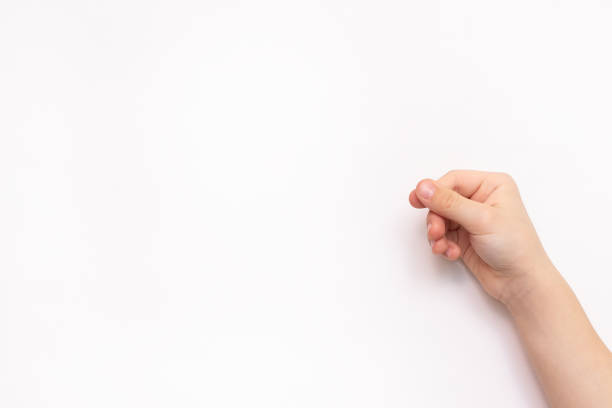 Hand of little child on white background