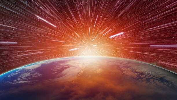Earth  : https://earthobservatory.nasa.gov/resources/blogs/earthday_day_lrg.jpg\nStars   : https://esahubble.org/images/heic0910t/\n\n\n\nAbstract flight in space hyper jump  illustration - Planet Earth with a spectacular sunset \