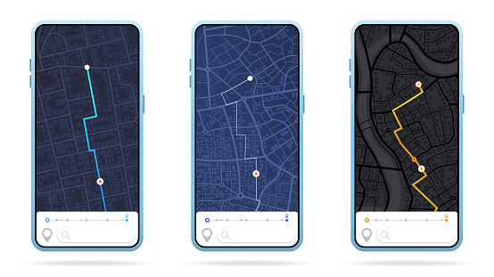 GPS city map app concept. Smartphone with route map, pin on screen. Search Location service design. Navigation application for travel with location mark, pointer. Vector illustration for web, isolated on white background