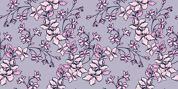 Monotone gently floral stems with leaves, buds seamless pattern on a grey background. Blooming wild spring or summer meadow print. Vector hand drawn abstract artistic branches in many kinds flowers.