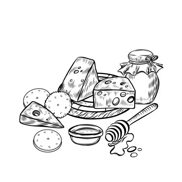 Vector illustration of Cheese with honey hand drawn vector illustration.