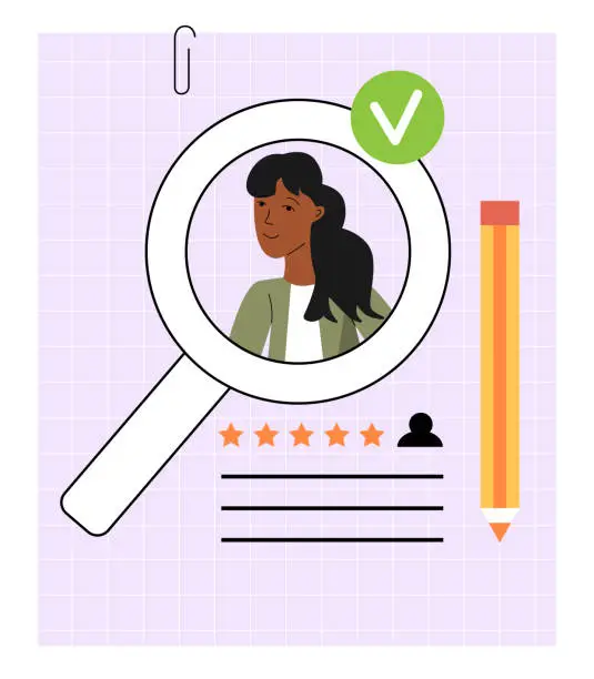 Vector illustration of Recruitment and hiring concept. Human recourses searching for new employee. Young woman candidate with magnifying glass