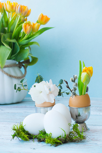 Easter eggs decorations and pussy willow twigs with catkins in a vase. Blue background with beautiful bokeh, space for copy.