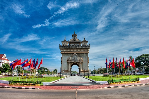 Patuxai, a memorial monument, in Vientiane, Laos.