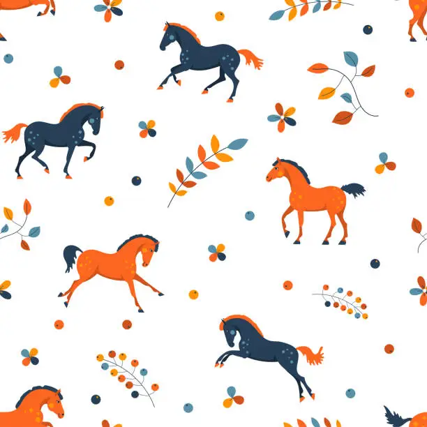 Vector illustration of Cute cartoon horses, seamless vector pattern, kids style