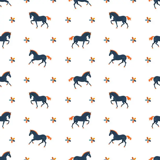 Vector illustration of Cute running horses and flowers, seamless vector pattern