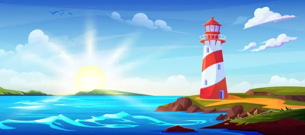 Vector illustration of Summer landscape with lighthouse on sea coast