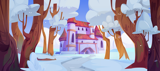 Winter cartoon fairytale landscape with royal castle in forest covered with snow. Vector landscape of medieval fortress with gate and towers surrounded with snowy trees. Ancient fortress in snowdrifts