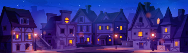 Building in night old medieval germany town street Building in night old medieval germany town street. European ancient city or village landscape with road and mysterious streetlight. Historical cottage exterior and german environment illustration fairy tale village stock illustrations