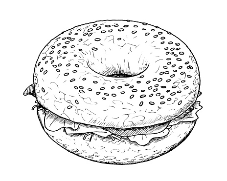 A hand drawn sandwich made of bagel, monochrome classic pen and ink illustration. Artist: Mateusz Atroszko, created 09.02.2024.