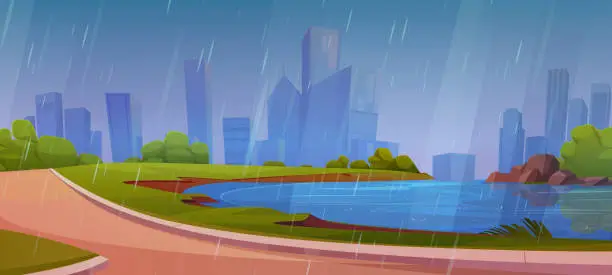 Vector illustration of Rain in city park with lake and skyscraper view
