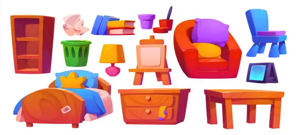 Vector illustration of Kids attic bedroom furniture set