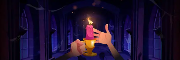 Vector illustration of Hand holding candle in medieval castle corridor