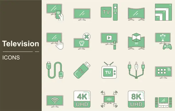 Vector illustration of Television icon set.TV, satellite dish, remote control, screen, recording, home cinema, HDMI, Surround sound, Dead pixel, Video game, Link to tv, tv curve, 8k, 4k, UHD, Touch screen, Wifi, av cable