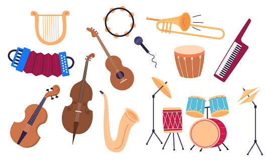 Musical instruments vector illustration. Instruments play in unison, crafting melodic symphony rhythmic beauty Dive into musical instruments concept, where classical and world music converge
