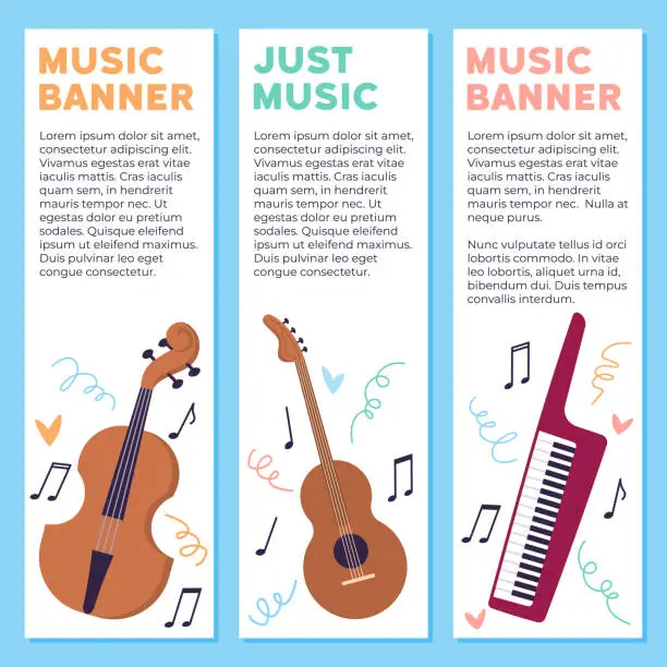 Vector illustration of Musical instruments. Classical world music merge, crafting harmonious journey entertainment. Music banner, just music