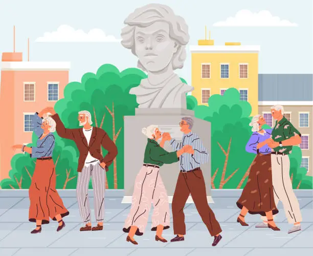 Vector illustration of Old people dance at disco. Grandmother and grandfather entertainment. Happy elderly couple dancing