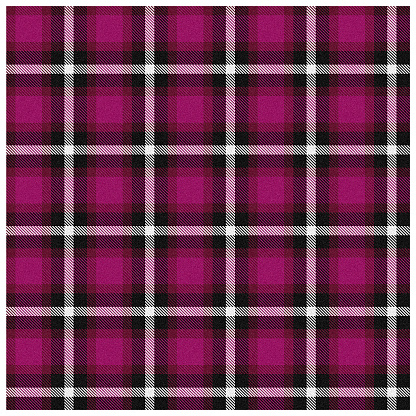 This image shows a detailed view of a pink and black tartan plaid, highlighting the classic design of intersecting horizontal and vertical bands.