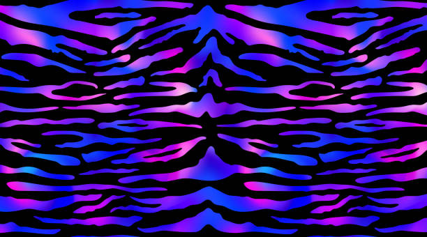 Trendy Neon Tiger pattern horizontal background. Vector purple rainbow wild animal skin textured background, gradient shiny stripes on black background luxury print. Abstract safari wallpaper texture Trendy Neon Tiger pattern horizontal background. Vector purple rainbow wild animal skin textured background, gradient shiny stripes on black background luxury print. Abstract safari wallpaper texture. bengal tiger pattern stock illustrations