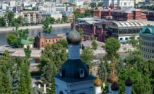 July 13, 2022. Moscow, Russia. The cross on the dome of the Church of St. Nicholas the Wonderworker in Golutvin (Chinese courtyard) in the center of the Russian capital.
